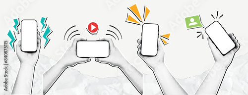Halftone hand with smartphone mockup. Mixed media mobile phone screen, paper hands with devices vector set.