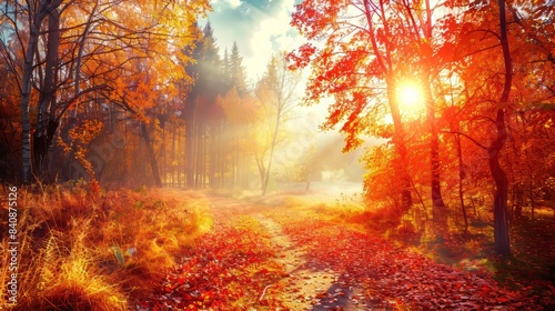 Vivid autumn deciduous forest  sunny day reveals stunning colors and detailed trees © vetrana