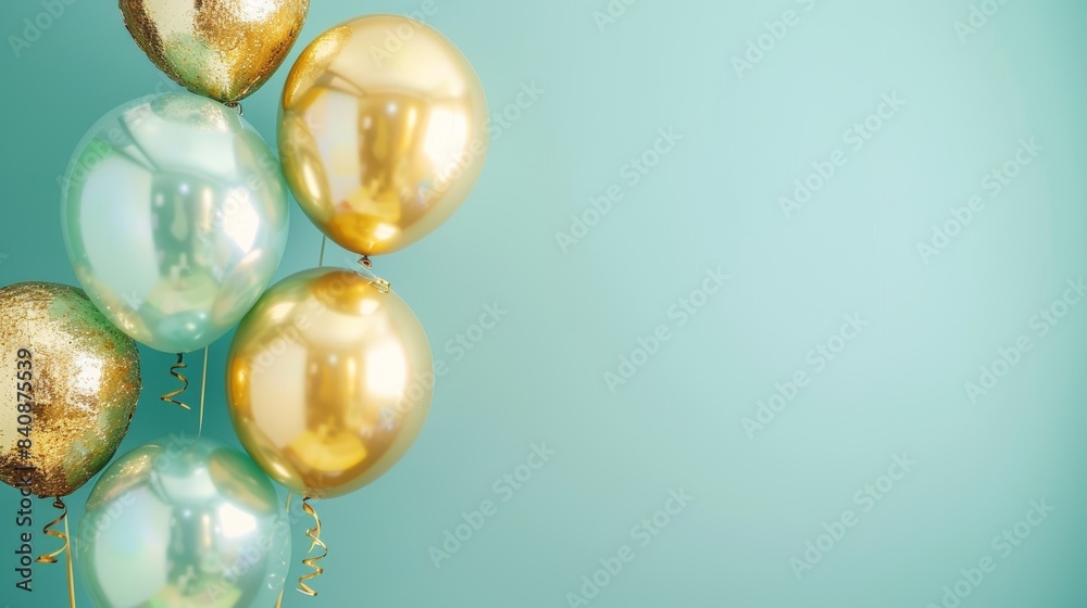 Shiny golden and teal balloons set against a light blue background, perfect for event decorations, festive celebrations, or as a festive backdrop for parties and special occasions. Shiny golden and teal balloons set against a light blue background, perfect for event decorations, festive celebrations, or as a festive backdrop for parties and special occasions.