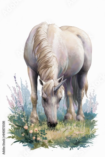 A unicorn grazing on a field of grass with flowers in the background, AI photo