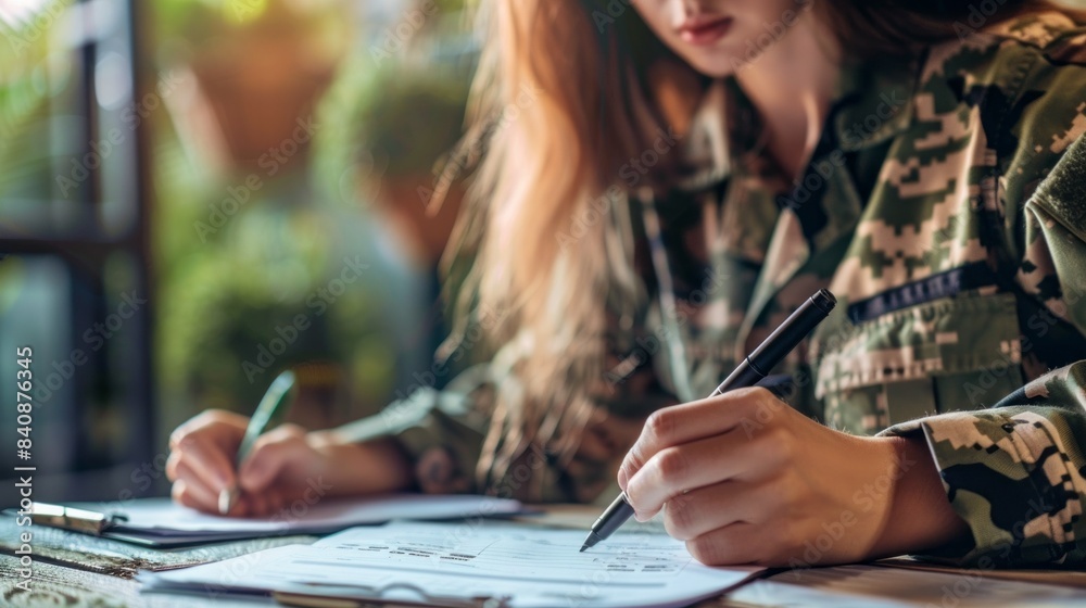 Fototapeta premium A woman in a military uniform is writing on a piece of paper