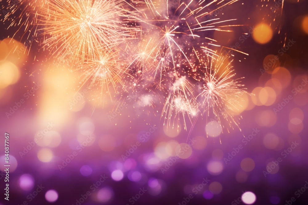 Fototapeta premium Violet background with golden shining fireworks