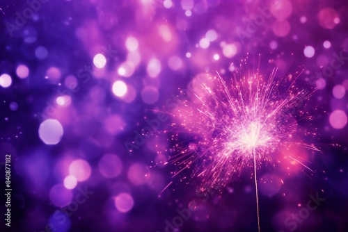 Bright violet abstract festive background with bokeh lights and a sparkler