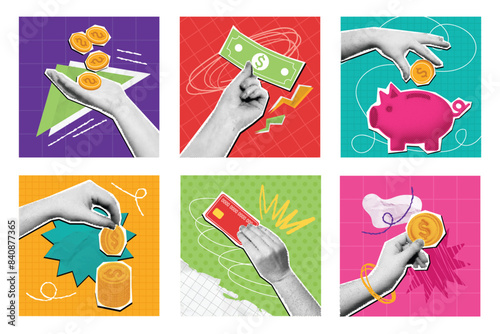 Halftone money collage. Mixed media hand holding coins, dollar bills, piggy bank and credit card. Financial savings, buying and paying concept vector illustration set.