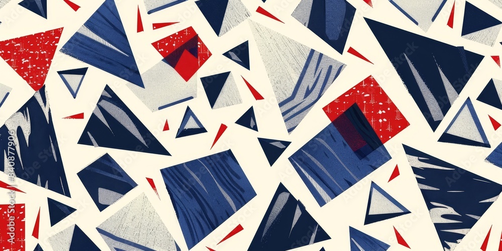 Blue and white geometric pattern with red accents features an intricate arrangement of blue triangles, squares, and stripes in various sizes Generative AI Blue and white geometric pattern with red accents features an intricate arrangement of blue triangles, squares, and stripes in various sizes Generative AI