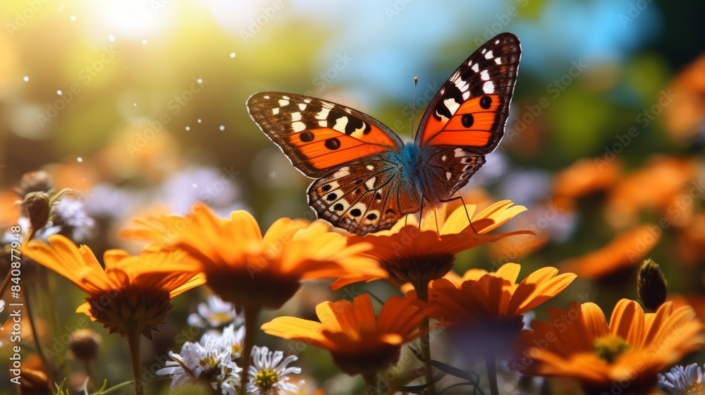 Obraz premium Closeup of wild beautiful butterfly on a flower in garden. Monarch butterfly collecting nectar from flower.