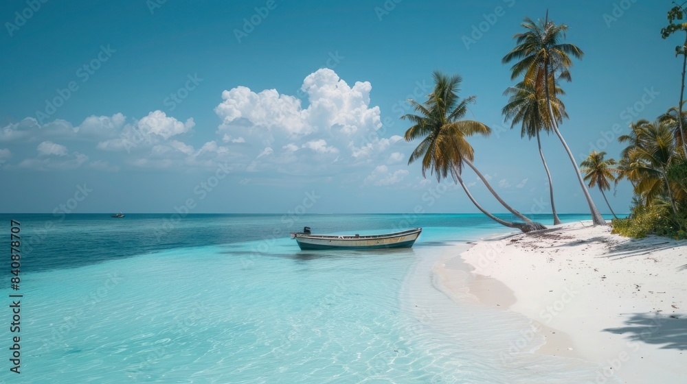 Tropical beach with white sand, turquoise water, and a boat. Palm trees sway under blue skies. Peaceful and idyllic setting for relaxation. Tropical beach with white sand, turquoise water, and a boat. Palm trees sway under blue skies. Peaceful and idyllic setting for relaxation.