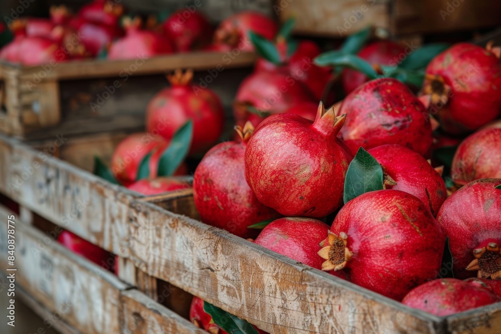 Fresh Pomegranates in Wooden Crates at Market Fresh Pomegranates in Wooden Crates at Market