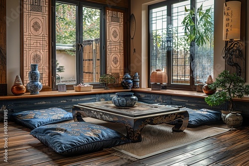 This image showcases a cozy and inviting Asian-inspired lounge, designed to offer comfort and serenity with its warm tones, traditional decor, and tranquil ambiance.