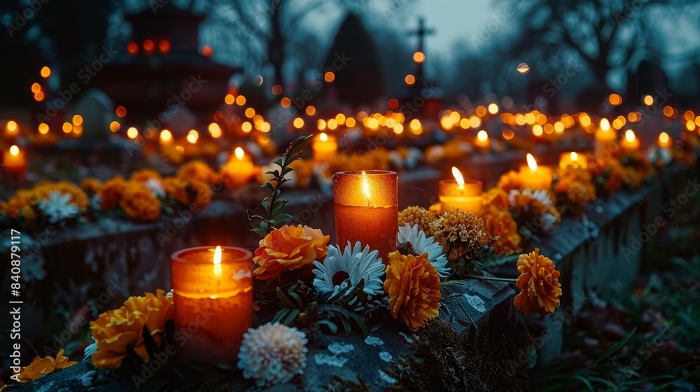 Cemetery Grave Tombstone Decorated with Clay Candles on All Saints Day Evening Cemetery Grave Tombstone Decorated with Clay Candles on All Saints Day Evening