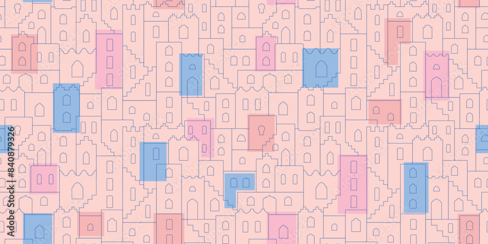 Line oriental city scape seamless pattern. Vector simple arabic outline town for background Line oriental city scape seamless pattern. Vector simple arabic outline town for background