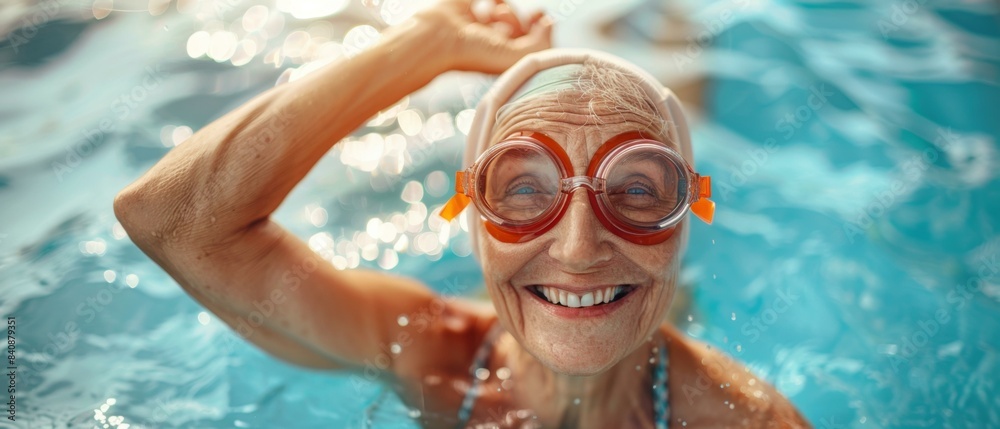 Naklejka premium An older woman wearing goggles in a swimming pool. AI.