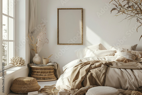 Blank picture frame mockup design on wall in bedroom with white wall, natural decor, and bedding