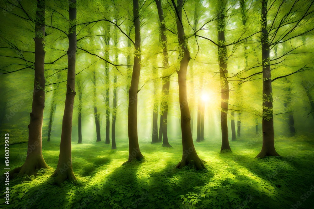 Obraz premium spring forest - fresh leaves and sun rays