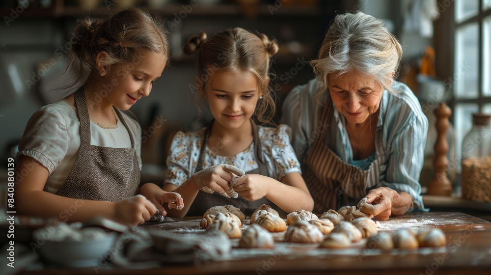 happy family a grandmother with her daughter and grandchildren cooks in kitchen, kneads dough and bakes cookies happy family a grandmother with her daughter and grandchildren cooks in kitchen, kneads dough and bakes cookies