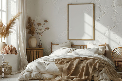 Blank picture frame mockup design on wall in cozy bedroom with white walls, natural decor, and comfortable bedding