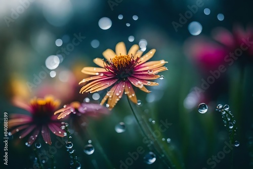 flower with dew dop - beautiful macro photography with abstract bokeh