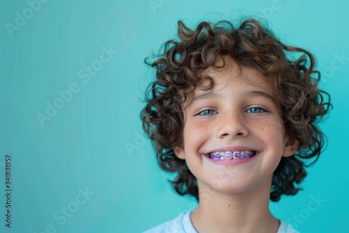 Boy with curly hair on a turquoise background. Orthodontic braces on teeth, dentistry, medicine.