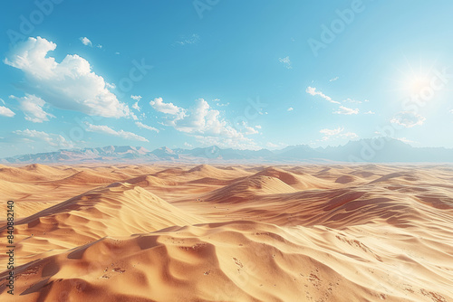 A vast desert with rolling sand dunes under a clear sky. Concept of arid landscapes and endless horizons. Generative Ai.