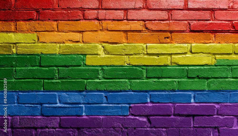 Fototapeta premium brick wall painted in the colors of the lgbt flag and rainbow, abstract texture background wallpaper for presentation close up full screen, queer lgbtq pride month