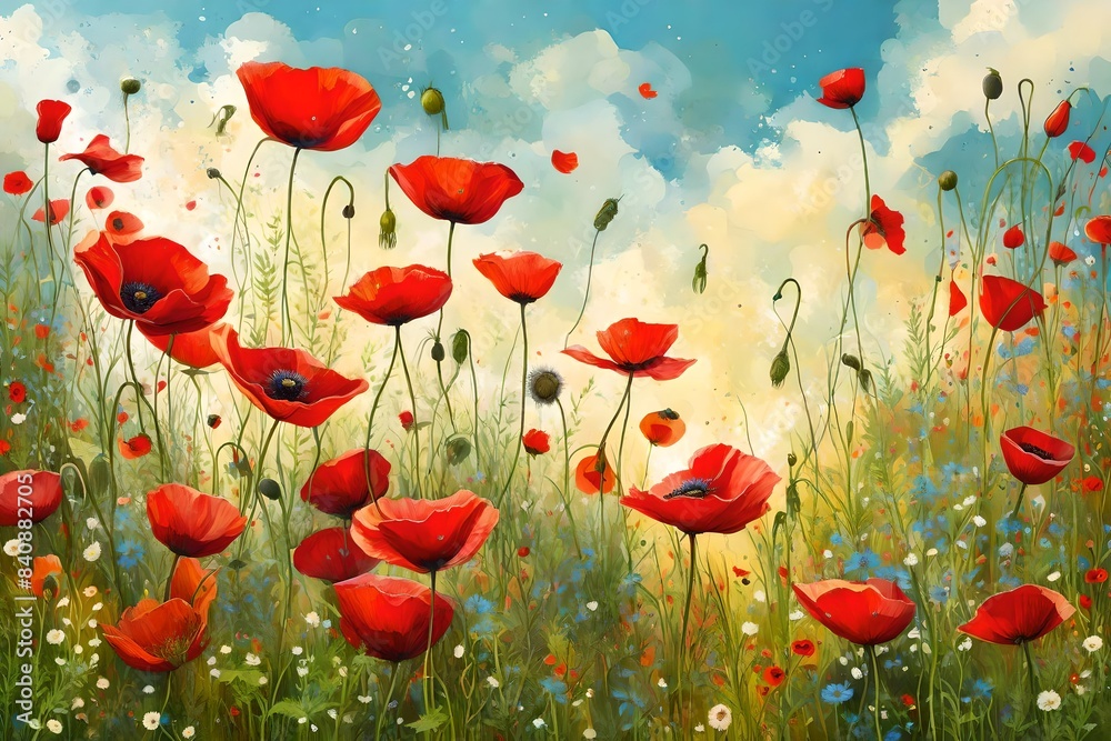 Fototapeta premium summer meadow with red poppies