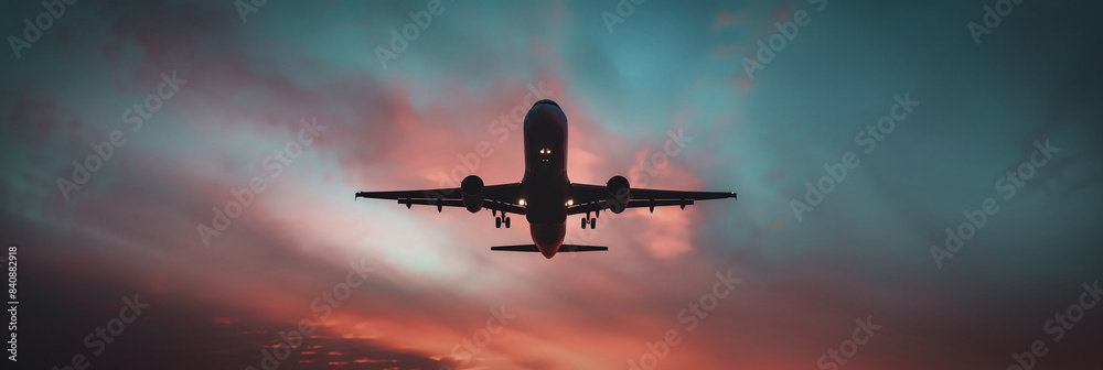 Naklejka premium Airplane Taking Flight at Sunset