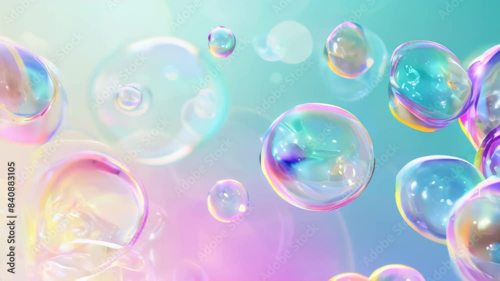colorful soap bubbles floating against pastel gradient background, design childrens entertainment, party invitations, and creative marketing campaigns