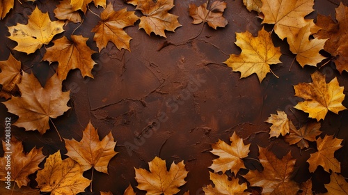 Top view of yellow maple autumn leaves on brown background with ample copy space for text