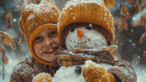 Happy parents and children gathering in snow-covered park together sculpting funny snowman from snow. Father, mother and two kids playing outdoor in winter forest. Family active holiday