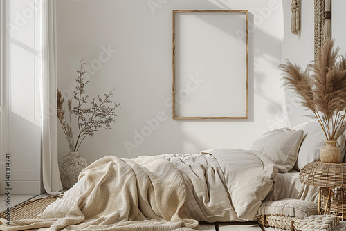 Blank picture frame mockup design on wall in comfortable bedroom with white walls and natural decor