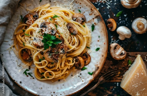 Creamy Mushroom Pasta With Parsley and Parmesan Cheese