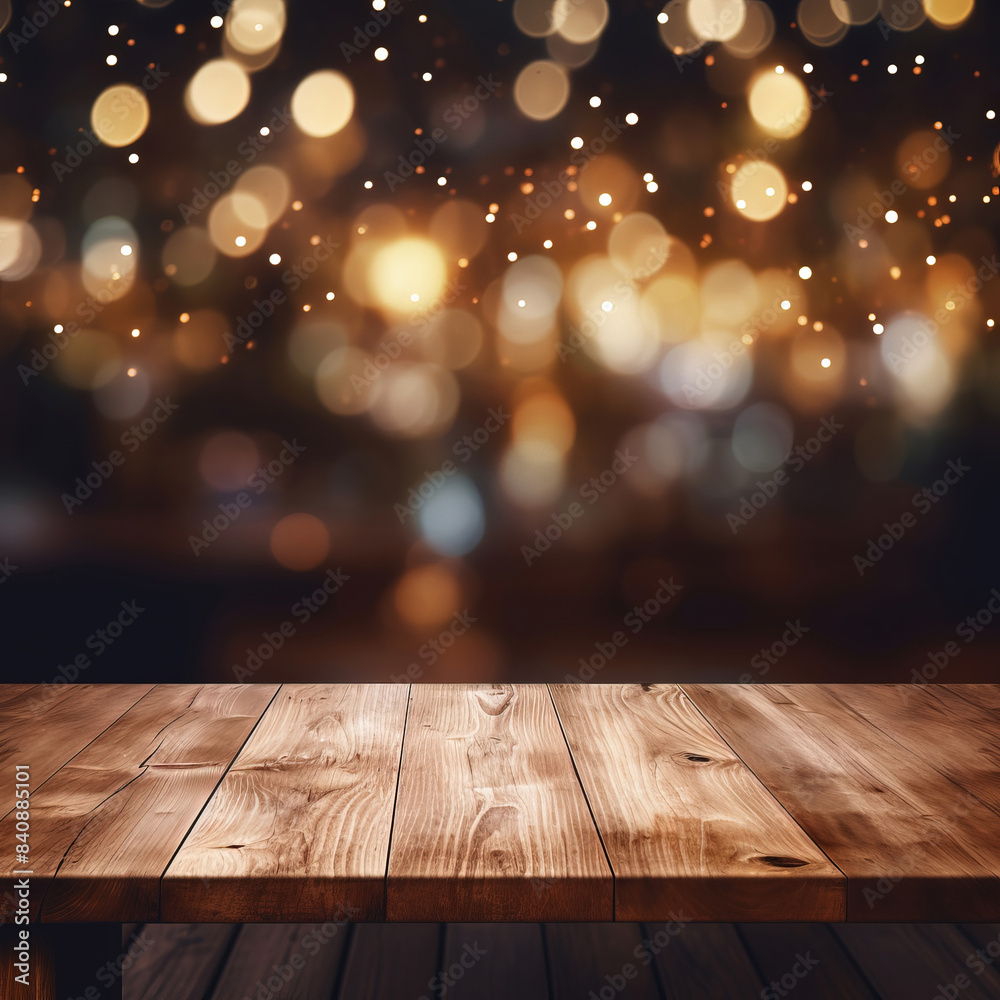 Wood table against bokeh background. Wood table against bokeh background.