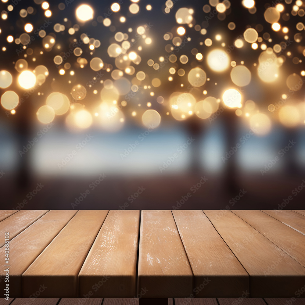 Wood table against bokeh background.