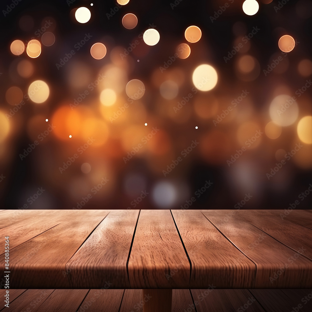 Wood table against bokeh background. Wood table against bokeh background.