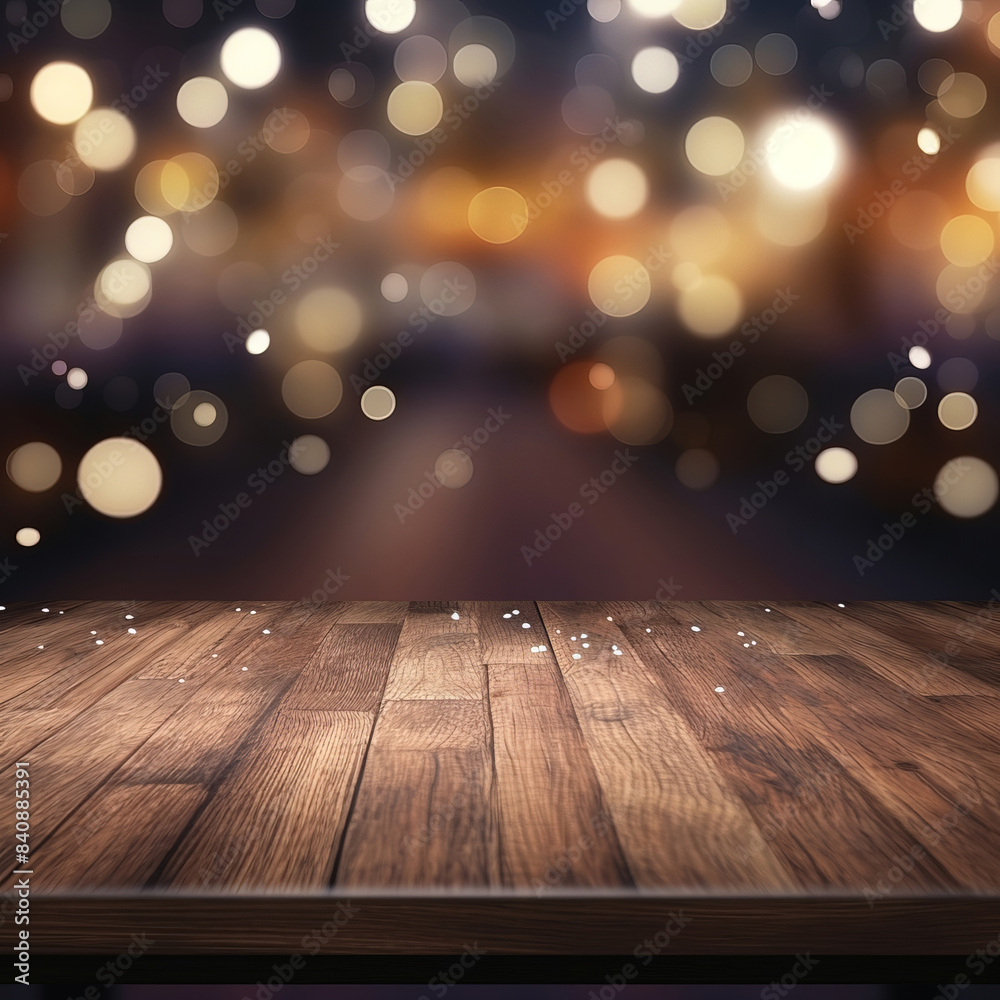 Wood table against bokeh background. Wood table against bokeh background.