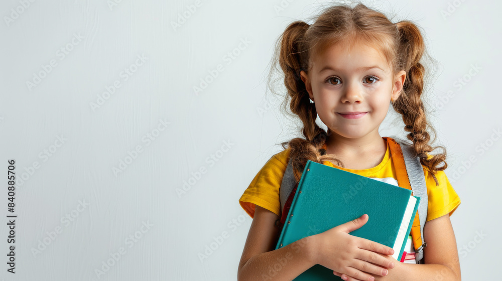 Charming young girl with pigtails holding a green book against a white background. Perfect for school-related marketing, educational materials, and children's fashion. Ample copy space. Charming young girl with pigtails holding a green book against a white background. Perfect for school-related marketing, educational materials, and children's fashion. Ample copy space.
