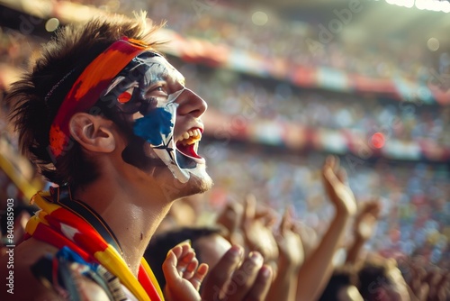 Side profile of a sports fan cheering, face obscured, stadium background