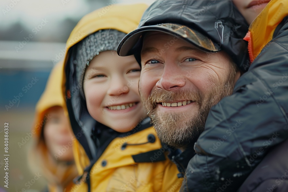 A father and son duo, both in yellow rain gear, share a smile amidst rainy weather at a sports event A father and son duo, both in yellow rain gear, share a smile amidst rainy weather at a sports event