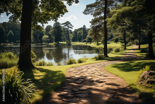 Un chemin serpente à travers un parc ensoleillé, bordé d'arbres verdoyants et de fleurs éclatantes, menant à un lac scintillant sous le ciel bleu.
