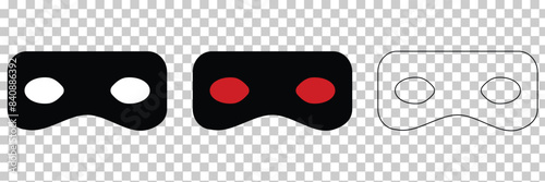 Mask superhero carnival villain or burgar vector icon set. Black masquerade costume eye mask silhouette hidden person face.
