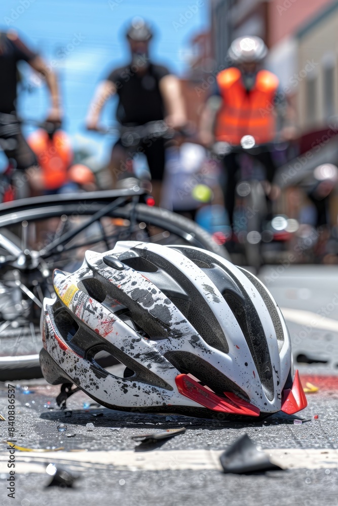 Close up of bicycle helmet on city street after car crash, showing aftermath of automobile accident Close up of bicycle helmet on city street after car crash, showing aftermath of automobile accident
