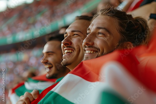 A spectator is draped in an Italian flag among a blurred crowd at a sports event, expressing nationalism and support