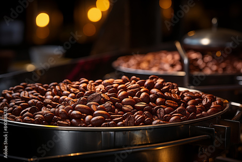 Un expresso brun et fumant, arôme riche et intense, dans une coupe blanche, idéal pour un matin énergisant avec des grains de café rôti.