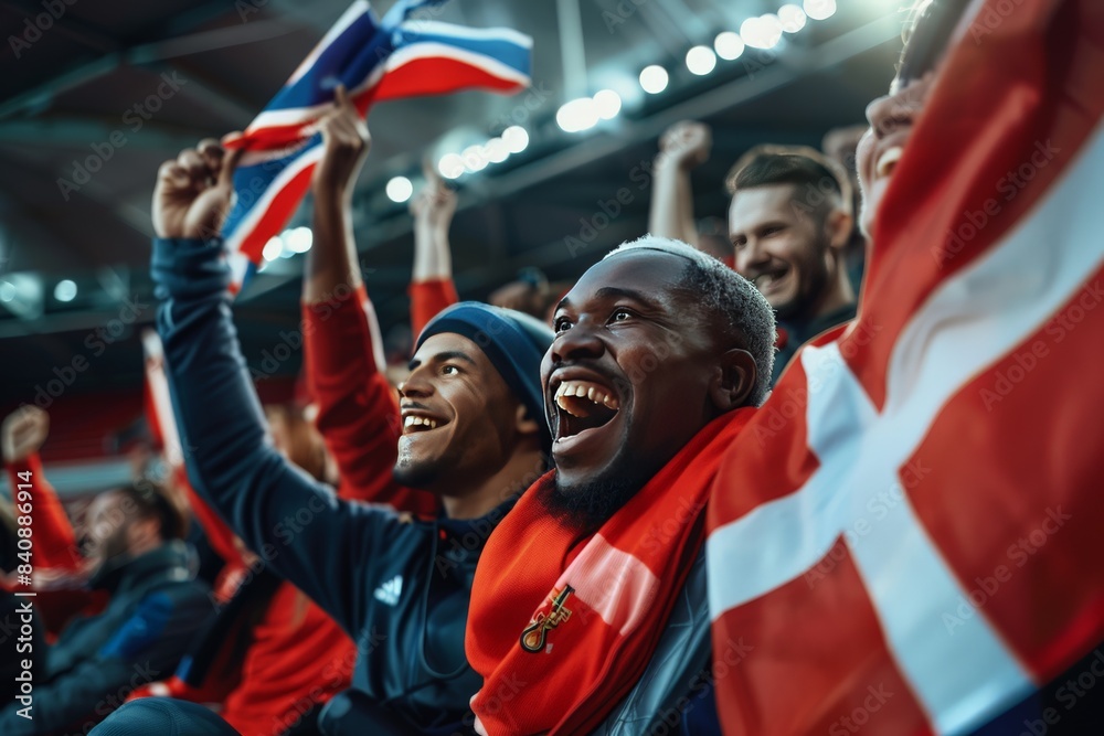 Fans with Nordic flags exuberantly celebrating at a sporting event