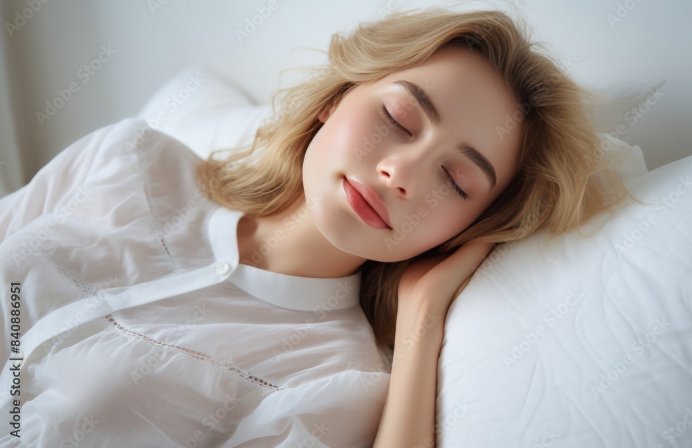 Woman Sleeping Peacefully On A White Pillow In Her Bedroom Woman Sleeping Peacefully On A White Pillow In Her Bedroom