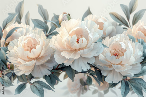 Light blush peonies with soft green leaves on a white background. Concept of purity and elegance. Generative Ai.