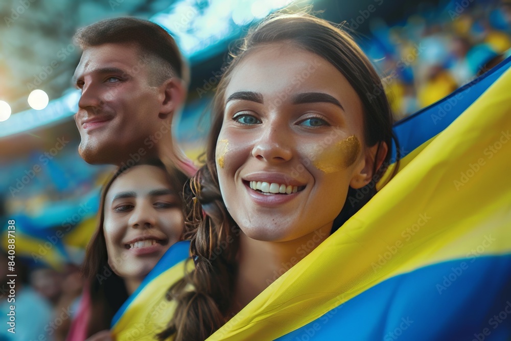 Friends with national colors painted on their faces enjoy the atmosphere of a sports match Friends with national colors painted on their faces enjoy the atmosphere of a sports match