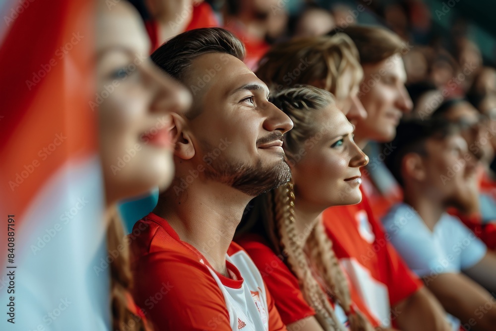 A vibrant group of supporters in a stadium, wearing red and white sportswear, cheer for their favorite team A vibrant group of supporters in a stadium, wearing red and white sportswear, cheer for their favorite team