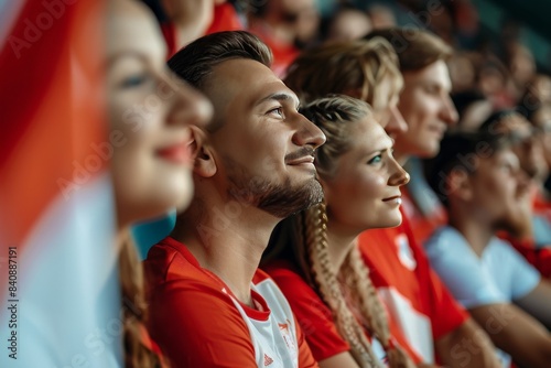 A vibrant group of supporters in a stadium, wearing red and white sportswear, cheer for their favorite team