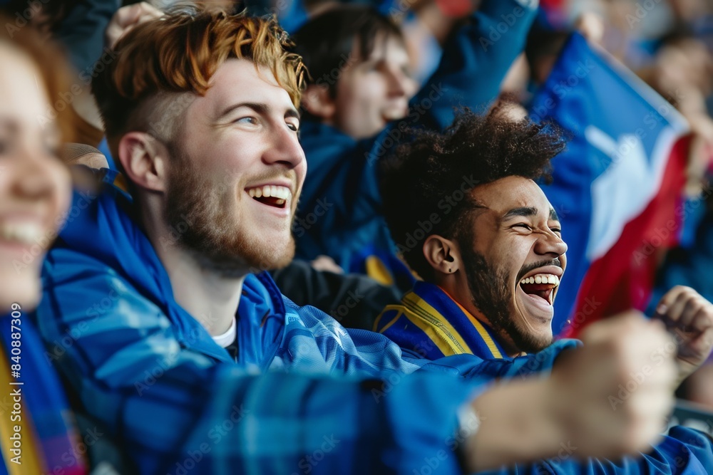 Fans in blue cheering ecstatically with raised scarves in a sports stadium Fans in blue cheering ecstatically with raised scarves in a sports stadium